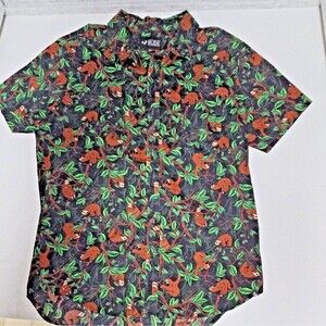 RUDE Men's Sloth Print Button-Up Shirt Black Green Brown Short Sleeve Size L
